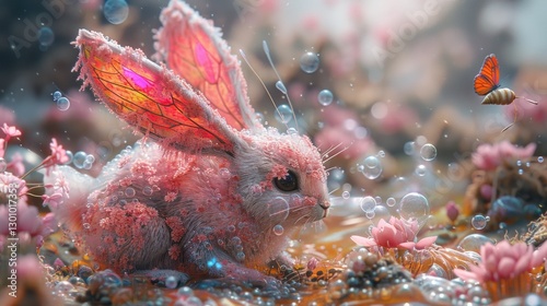 A whimsical pink rabbit with translucent, colorful ears surrounded by flowers and bubbles in a magical garden