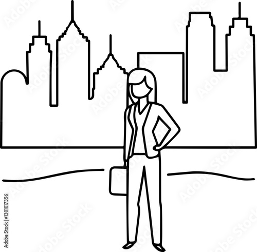 Businesswoman in leadership role concept Businesswoman standing in front of a city skyline.