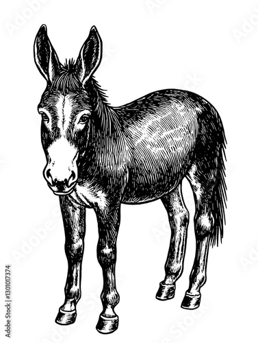 Detailed vector engraved illustration of a standing donkey in profile view for product design and decorative use