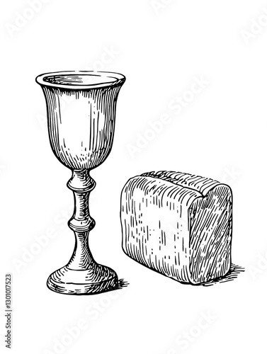 Vector engraved illustration of a classic chalice and loaf of bread for product design