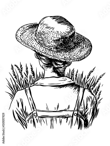 Vector engraved illustration of a farmer in a straw hat observing a wheat field during a sunny day