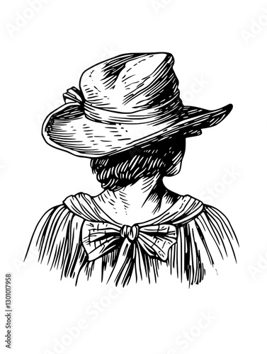 Vector engraved illustration of a woman in a hat with a bow from a vintage product design perspective