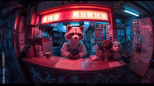 A whimsical raccoon character stands behind a vibrant, neon-lit counter in a bustling urban setting, surrounded by quirky decorations and posters, creating a lively atmosphere