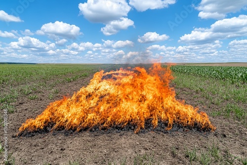 A burning field, with intense flames consuming dry crops, representing the increasing frequency of heatwaves
