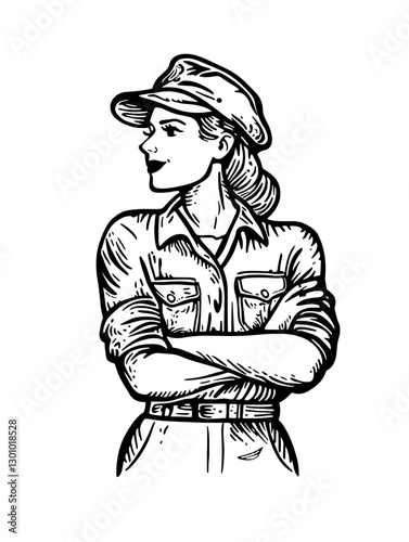 Vintage vector engraved illustration of a confident woman in uniform demonstrating empowerment in design