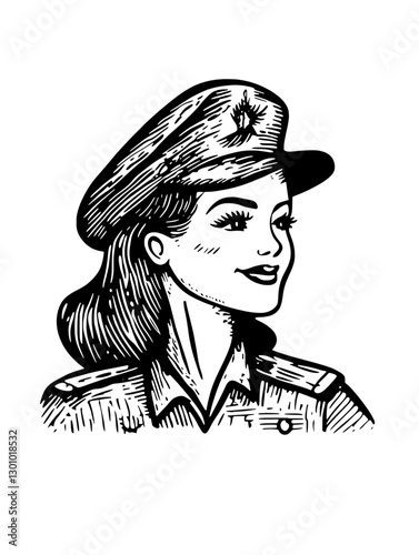 Engraved vector illustration of a confident female officer in uniform with cap