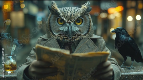 A whimsical scene featuring an owl-headed figure reading a newspaper in a bustling urban setting at night