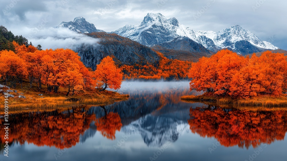 Naklejka premium Majestic Mountains and Vibrant Autumn Trees Reflected in Calm Lake