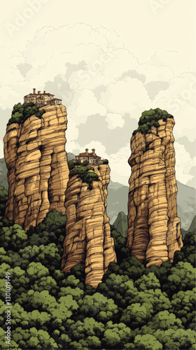 Stunning Vector Art of Majestic Cliffside Monasteries Amid Lush Forest and Rocky Mountain Landscape Under Cloudy Sky - Perfect for Nature and Travel Designs