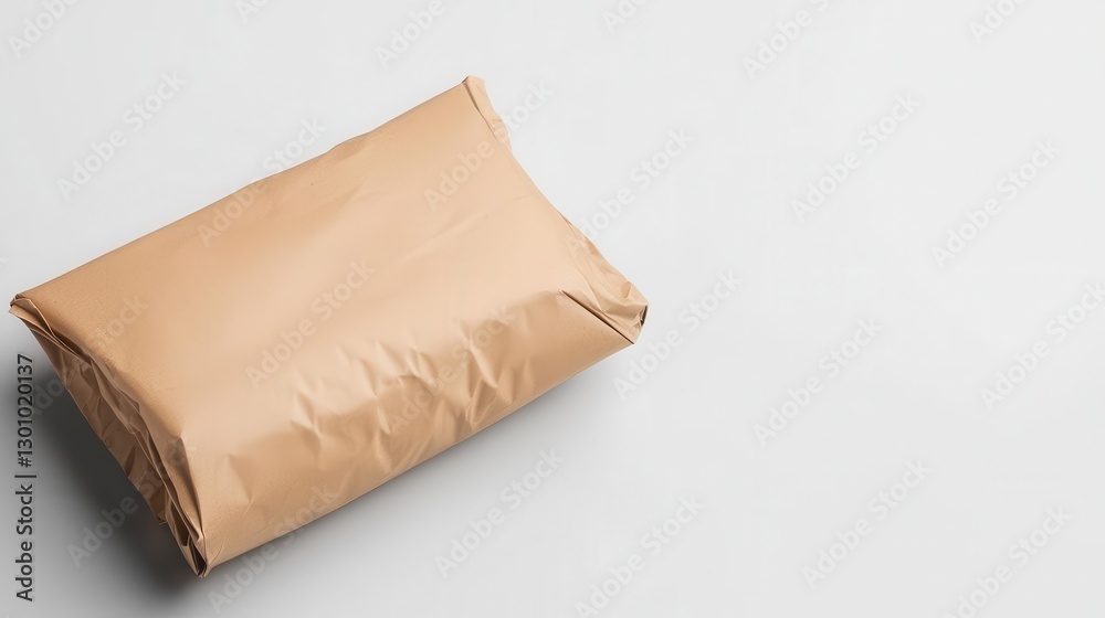 Highangle view of a single package on a blank white table, elegant and simple Highangle view of a single package on a blank white table, elegant and simple