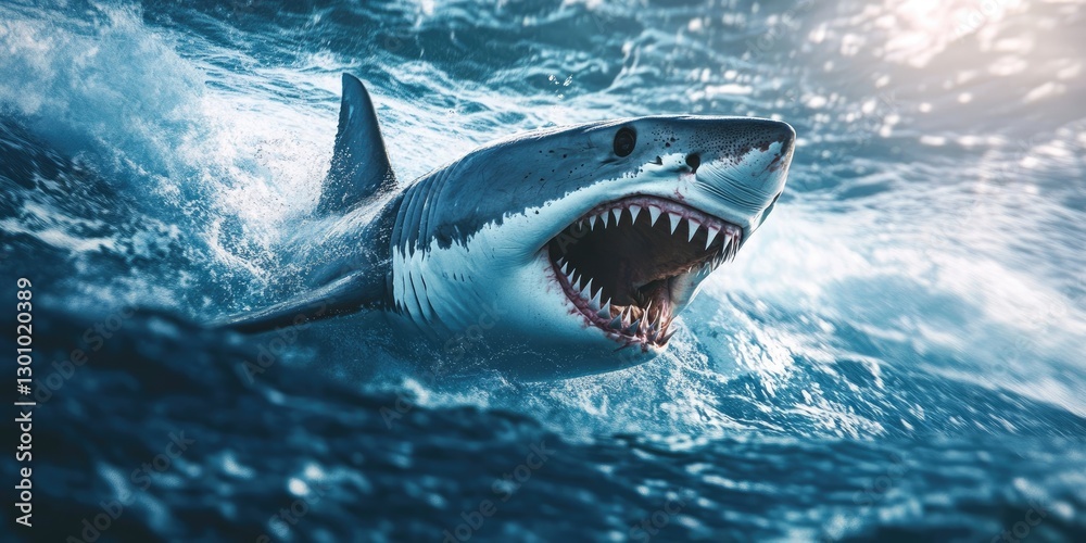 Naklejka premium an underwater scene, showing the full body and head of a white shark swimming in the blue ocean water. The camera is positioned directly below the shark, as if through its eyes