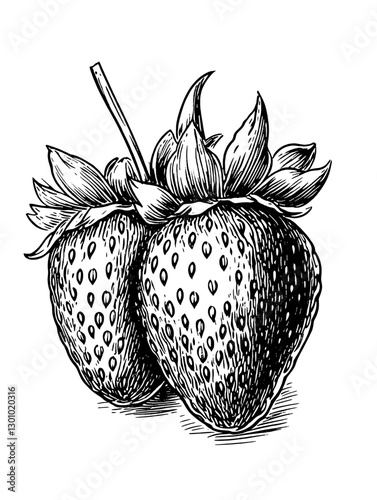 Vector engraved illustration of two plump strawberries showcasing detailed texture and design suitable for product applications