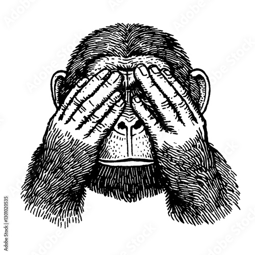 Vector engraved illustration of a monkey covering its eyes, perfect for playful product design concepts