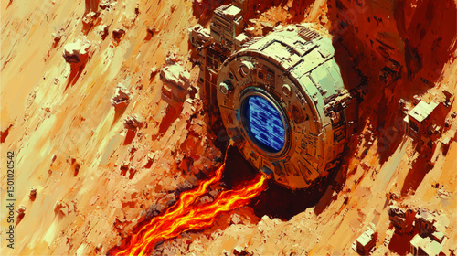 Futuristic Space Structure on Alien Planet with Energy Beam and Rugged Terrain in Sci-Fi Illustration - Vibrant Vector Art of Extraterrestrial Environment