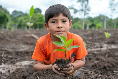 A child holding a sapling in a deforested area, ready to replant and restore the land