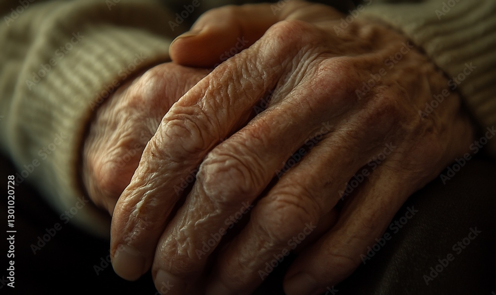 Fototapeta premium Close-up of folded hands on a lap with sweater background; use for aging themes
