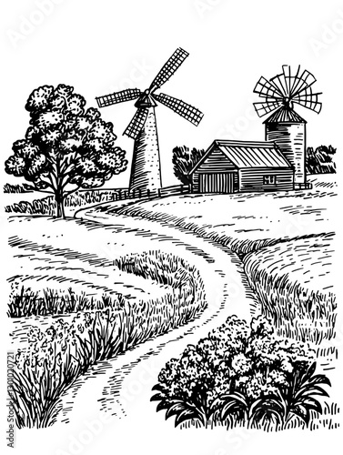 Rustic farm landscape with windmills and barn surrounded by fields and trees in a vintage engraved style illustration