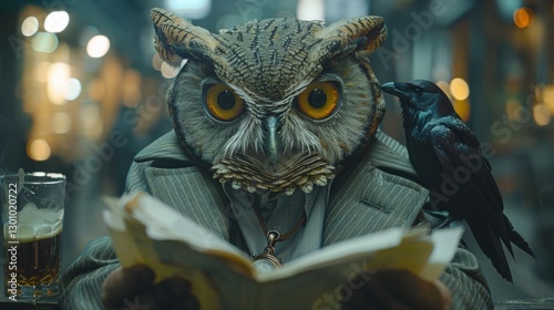 A wise owl in a suit reading a book in a cozy pub, with a crow perched nearby, creating a whimsical scene
