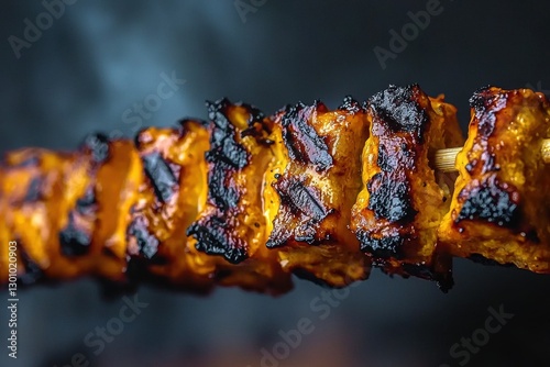 Delicious and juicy grilled chicken kebabs on a skewer, barbecued with perfect grill marks, for a tasty outdoor barbecue and great recipe inspiration.