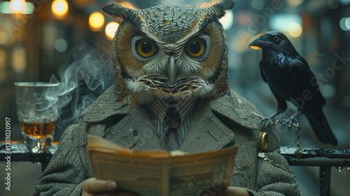 A wise owl in a vintage coat reading a newspaper while a crow perches nearby in a smoky bar setting