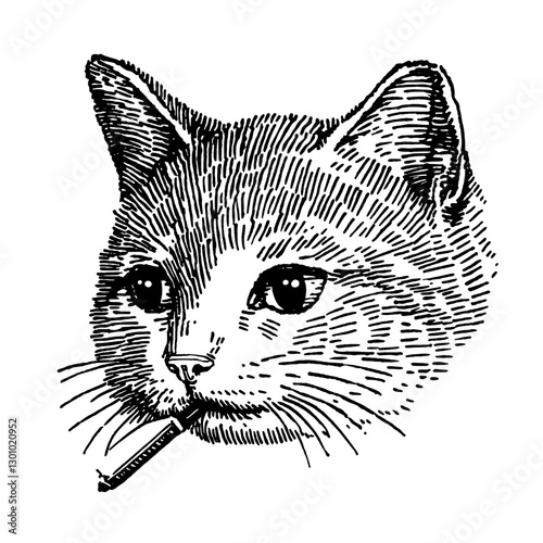 Unique vector engraved illustration of a playful cat with a stick in its mouth, perfect for product design