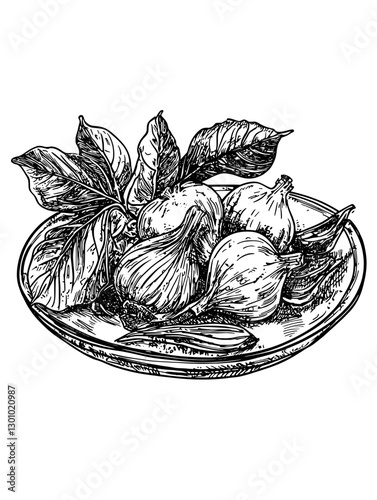Vector engraved illustration of fresh figs with leaves on a plate for product design showcasing natural food aesthetics