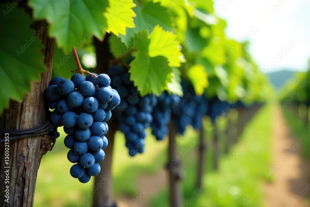 Naklejka premium Lush row of grapes hanging from a rustic wooden trellis, wine, trellis