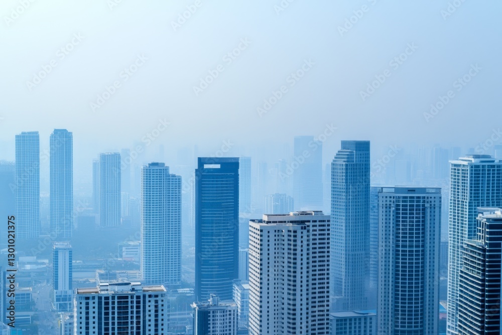 A city skyline covered in smog, with the source being heavy exhaust fumes from vehicles below A city skyline covered in smog, with the source being heavy exhaust fumes from vehicles below