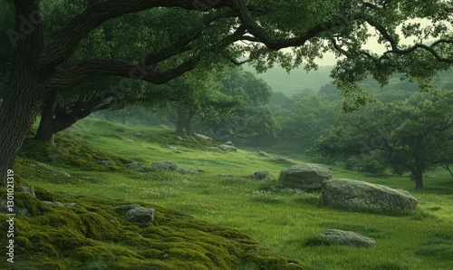 Serene Green Meadow Landscape with Oak Trees and Mossy Rocks