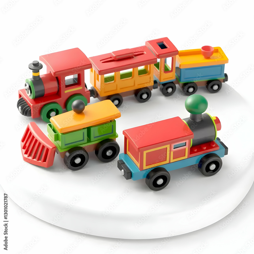 A colorful and vibrant collection of wooden toy trains A colorful and vibrant collection of wooden toy trains