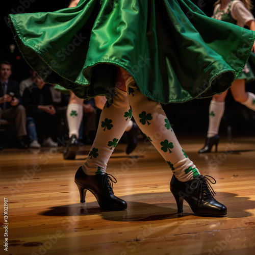 Energetic Irish Dancer in Traditional Green Costume Against Performance Stage Background