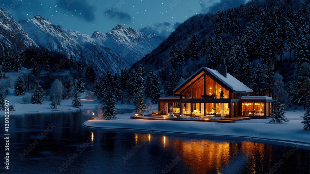 Fototapeta premium Cozy Winter Cabin Surrounded by Snowy Mountains and Pine Trees