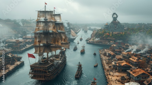 Aerial view of a bustling harbor with tall ships and traditional houses surrounded by misty mountains