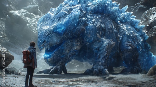 A young explorer stands before a massive, icy creature in a mystical, rocky landscape, evoking awe