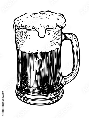 Vector engraved illustration of a frothy beer mug suitable for product design