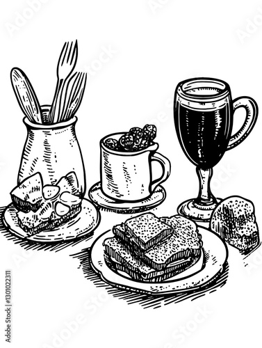 Breakfast table setup featuring toast, coffee, and pastries in a rustic style for product design inspiration