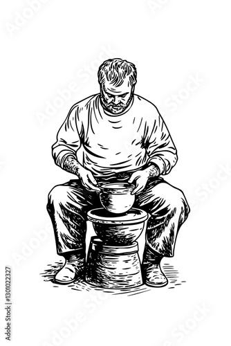 Engraved illustration of a potter working on a pottery wheel creating a clay bowl