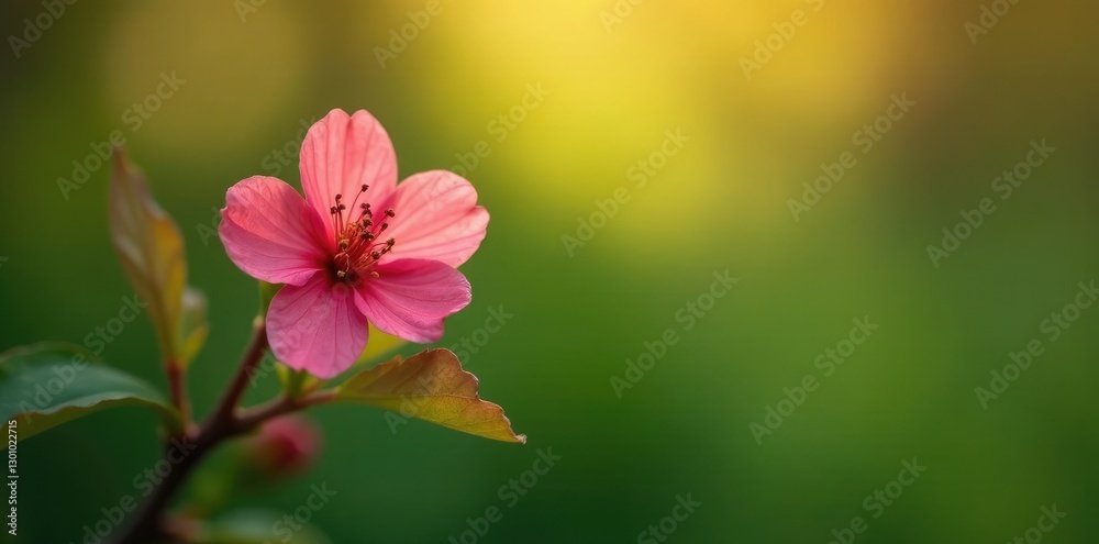 Single hawthorn bloom on a stem against a soft focus background with natural light filtering through leaves, garden, single bloom Single hawthorn bloom on a stem against a soft focus background with natural light filtering through leaves, garden, single bloom