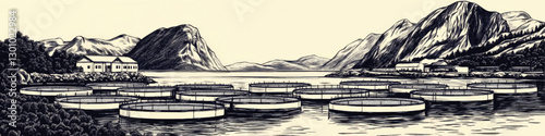 Stunning Vector Artwork of Norwegian Fjord with Salmon Fish Farming Rings, Majestic Mountains, and Rustic Buildings in Serene Coastal Nature Scene