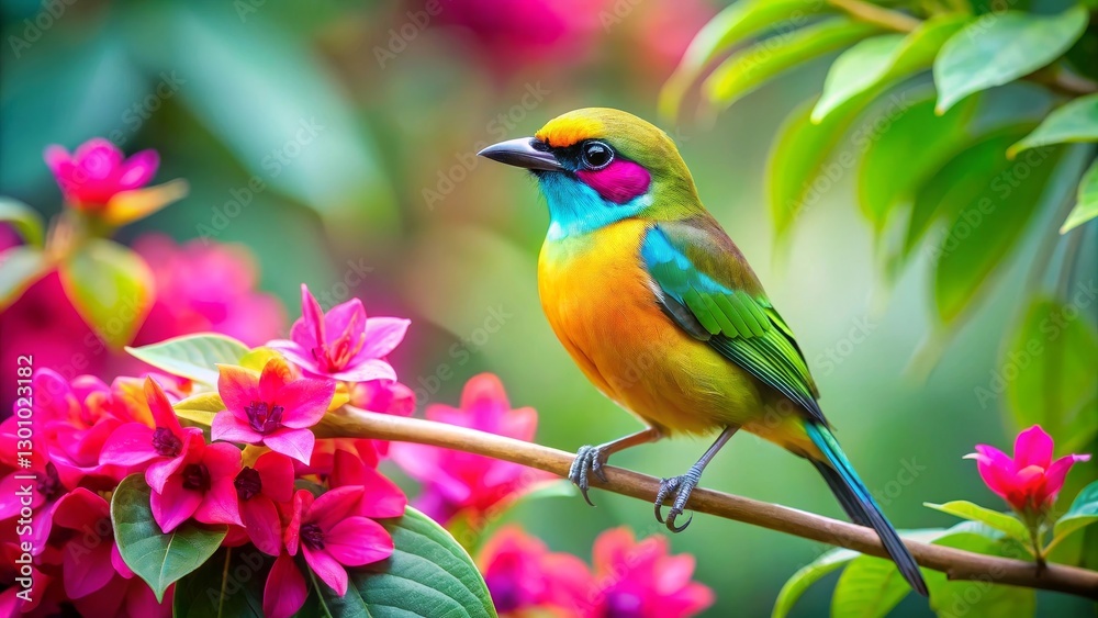 Vibrant tropical bird perched on a branch amidst blossoming flowers, showcasing a stunning display of colorful plumage and delicate petals. Vibrant tropical bird perched on a branch amidst blossoming flowers, showcasing a stunning display of colorful plumage and delicate petals.