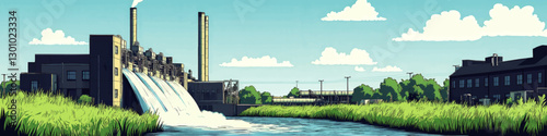 Stunning Vector Illustration of Industrial Power Plant with Waterfalls and Lush Greenery Under Clear Blue Sky - Perfect for Environmental and Energy Content