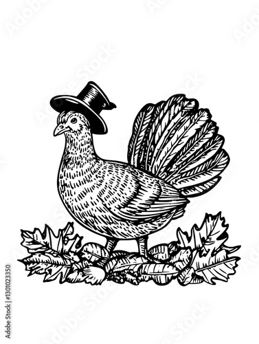 Vintage vector engraving of a dressed turkey standing on foliage