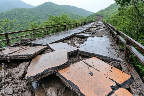 A collapsed bridge after a landslide, leaving travelers stranded on both sides