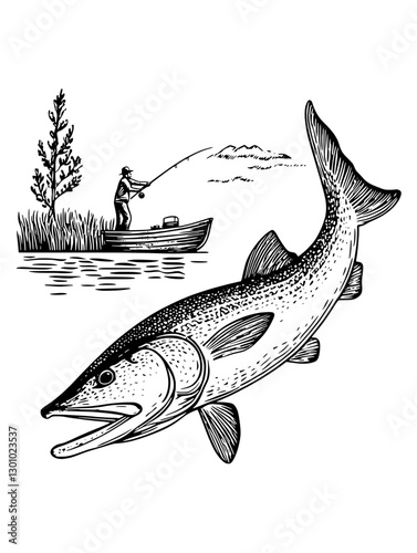 Vector engraved illustration of a fisherman casting line from a boat while a large fish leaps from the water