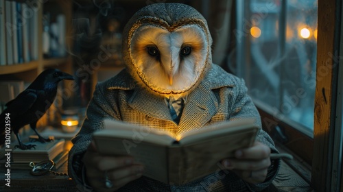 An owl-headed figure engrossed in reading a book, surrounded by a cozy library with warm lighting