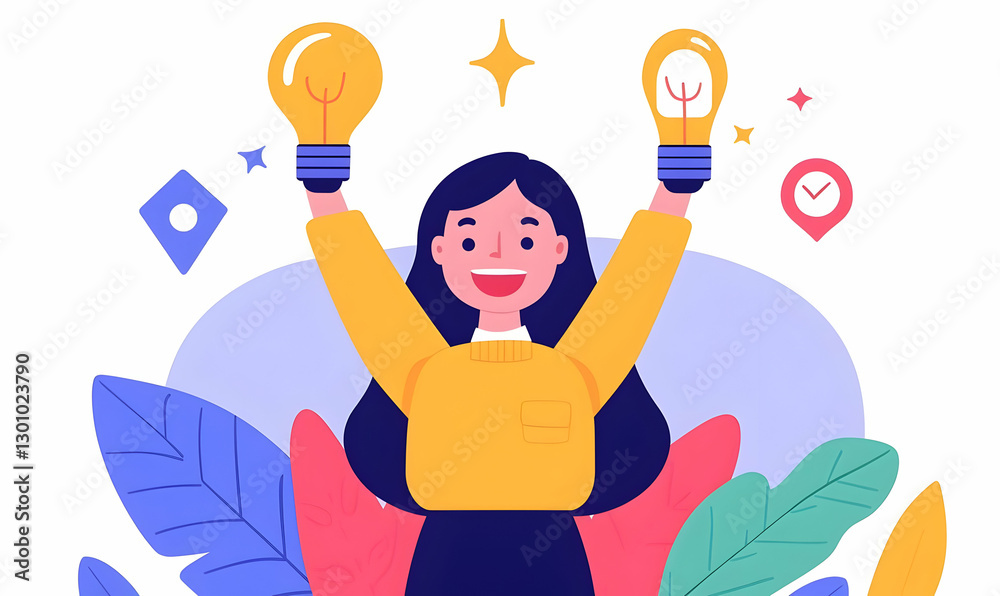 Happy Woman Holding Light Bulbs with Colorful Background Elements Happy Woman Holding Light Bulbs with Colorful Background Elements
