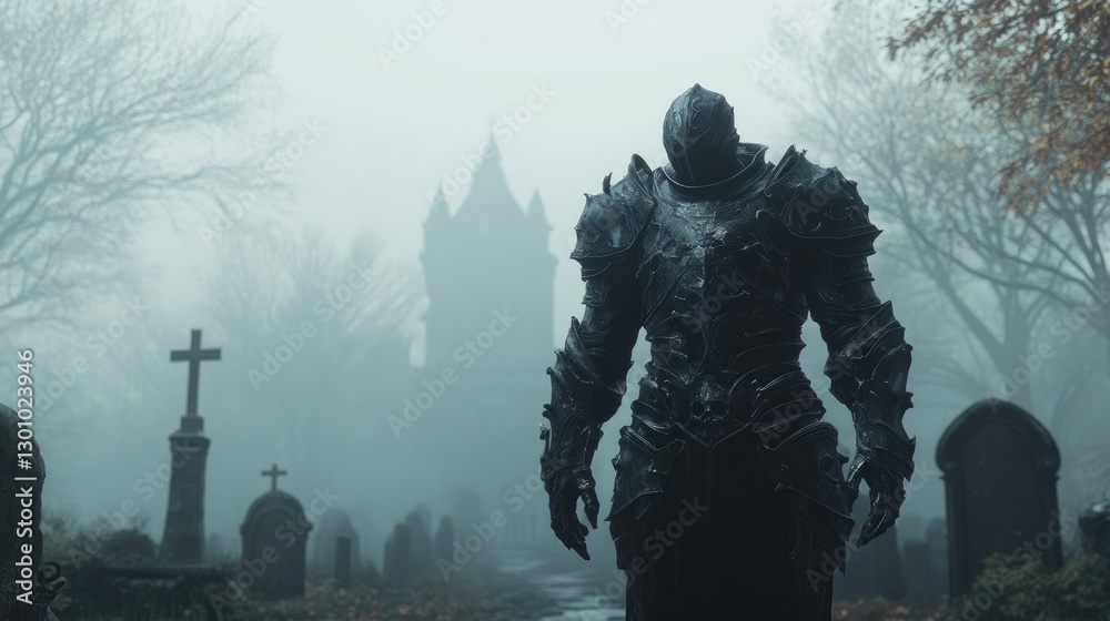 Dark knight in full armor standing in a misty graveyard with gothic church in the background. Generative AI Dark knight in full armor standing in a misty graveyard with gothic church in the background. Generative AI