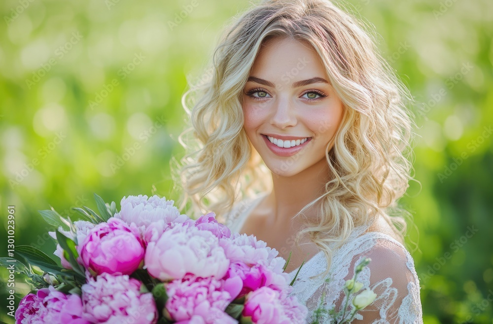 Fototapeta premium a blonde woman in a white dress, smiling and holding a bouquet of pink peonies. The background features green grass