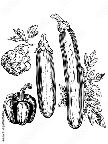 Vector engraved illustration of assorted vegetables for product design showcasing zucchini, cauliflower, and bell pepper with foliage