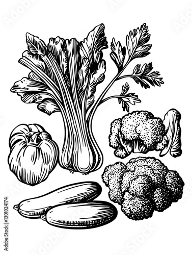 Vector engraved illustration of fresh vegetables on a white background for product design and culinary use